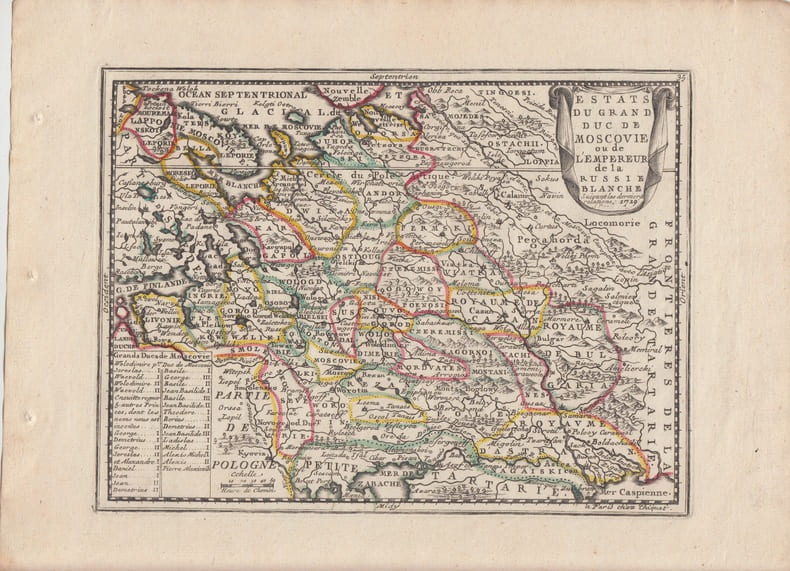 ESTATS DU GRAND DUC DE MOSCOVIE ou de L'EMPEREUR de la RUSSIE BLANCHE.suivant les dernieres relations White Russia.Carte grav&eacute;e d'&eacute;poque coloris ...