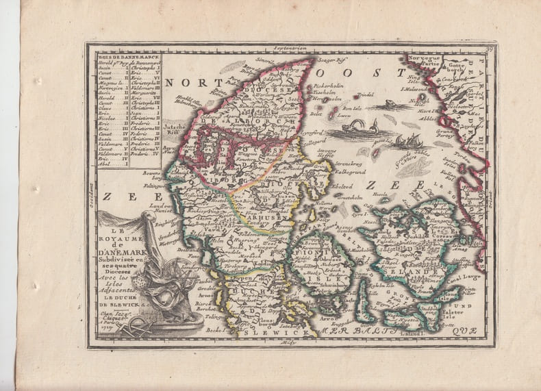 "Le Royaume de Danemark" subdivis&eacute; en ses quatre dioceses avec les isles adjacentes ,le duch&eacute; de Slewick  -Carte grav&eacute;e d'&eacute;poque coloris &eacute;poque avec ...