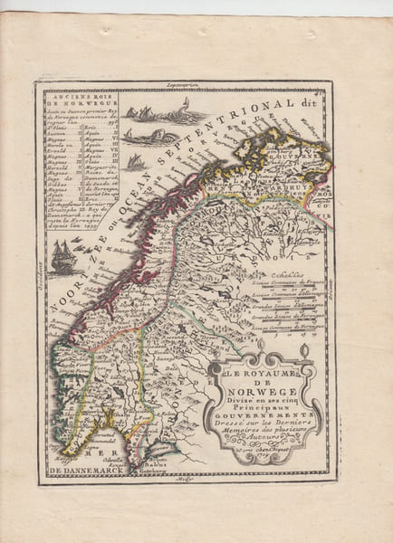 Le Royaume de Norwege Divise en ses cinq Principaux Gouvernements dr&eacute;ss&eacute; sur les derniers memoires-Carte grav&eacute;e d'&eacute;poque coloris &eacute;poque avec feuillet ...