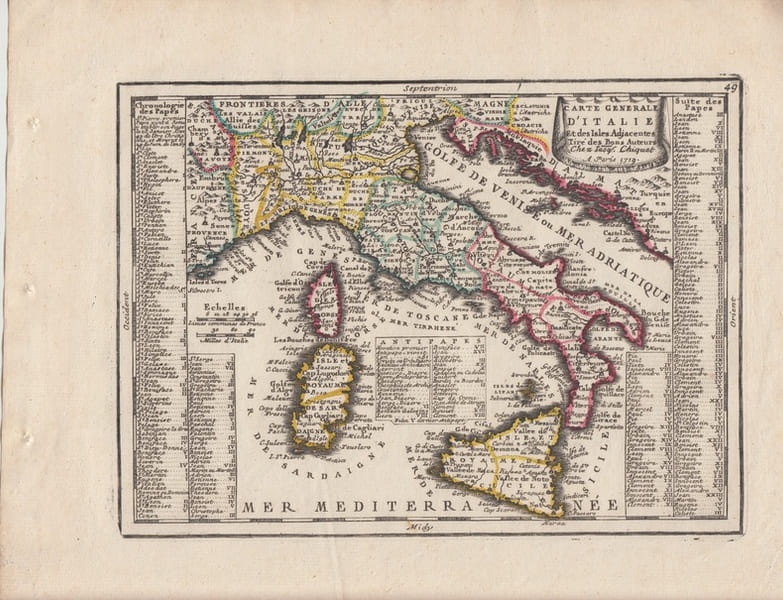 Carte Generale d'Italie et des Isles Adjacentes Tire des Bons Auteurs - Carte grav&eacute;e d'&eacute;poque coloris &eacute;poque avec feuillet de texte imprim&eacute; joint ...