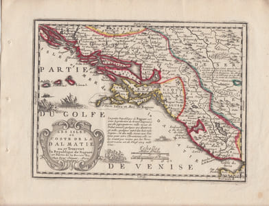 LES ISLES ET COSTE DE LA DALMATIE ou se trouvent la Republique de Raguse et partie de la Servie (Serbie).Carte gravée d'époque coloris époque avec feuillet de texte imprimé joint ,extrait du Nouveau et Curieux Atlas Geographique et Historique.
