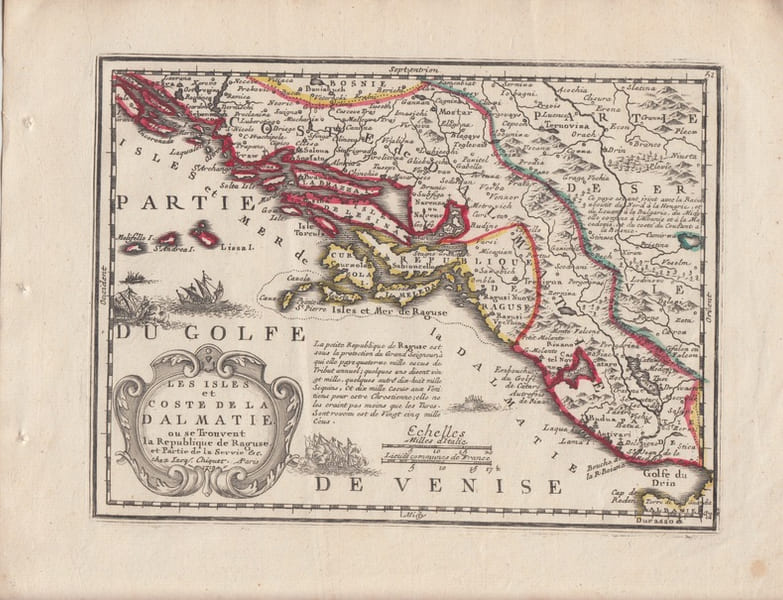 LES ISLES ET COSTE DE LA DALMATIE ou se trouvent la Republique de Raguse et partie de la Servie (Serbie).Carte grav&eacute;e d'&eacute;poque coloris &eacute;poque avec ...