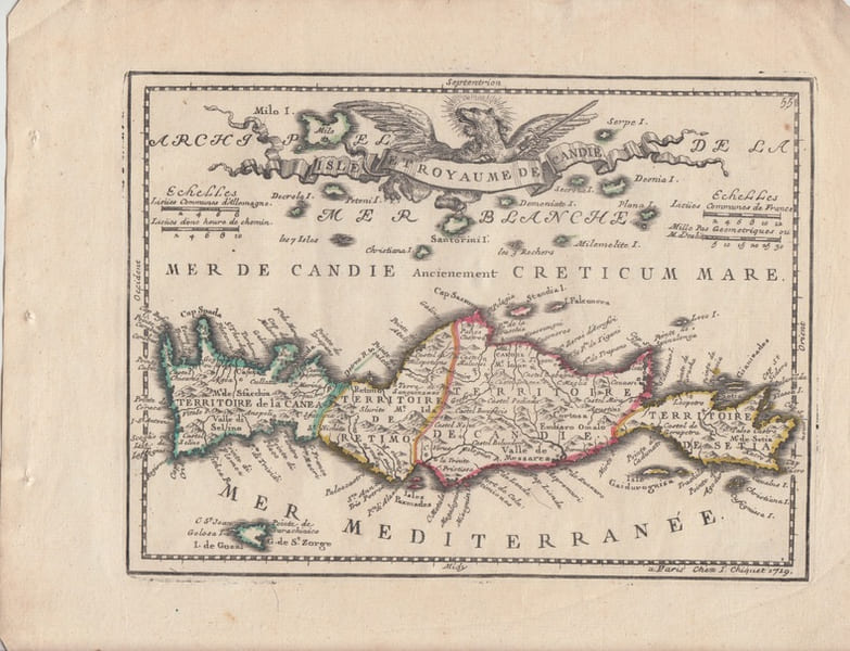 Candia - Crete Carte grav&eacute;e d'&eacute;poque coloris &eacute;poque avec feuillet de texte imprim&eacute; joint . KRETA (Crete) / Griechenland (Greece),extrait du Nouveau et ...