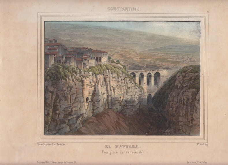 Constantine, el Kantara lithographie originale colori&eacute;e. Constantine, el Kantara