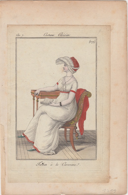 Turban à la caravane ,costume parisien N° 104 an 7 (1798), eau-forte aquarellée. Le Journal des Dames et des Modes, Costume Parisien., .an 7