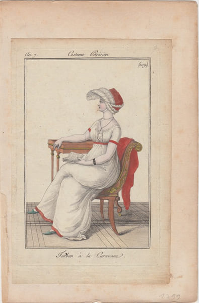 Turban &agrave; la caravane ,costume parisien N&deg; 104 an 7 (1798), eau-forte aquarell&eacute;e. Le Journal des Dames et des Modes, Costume Parisien., .an 7