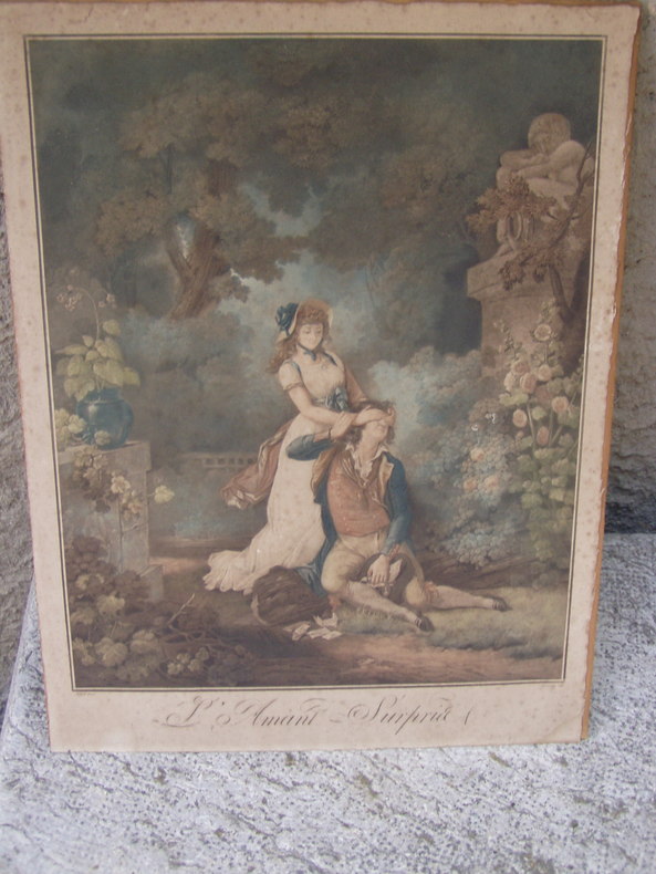 Charles Melchior DESCOURTIS (1753 - 1820) d'après SCHALL / "L'Amant Surpris" / Gravure en couleur (piqûres) / Haut. : 54 cm - Larg.: 41 cm / . Charles ...
