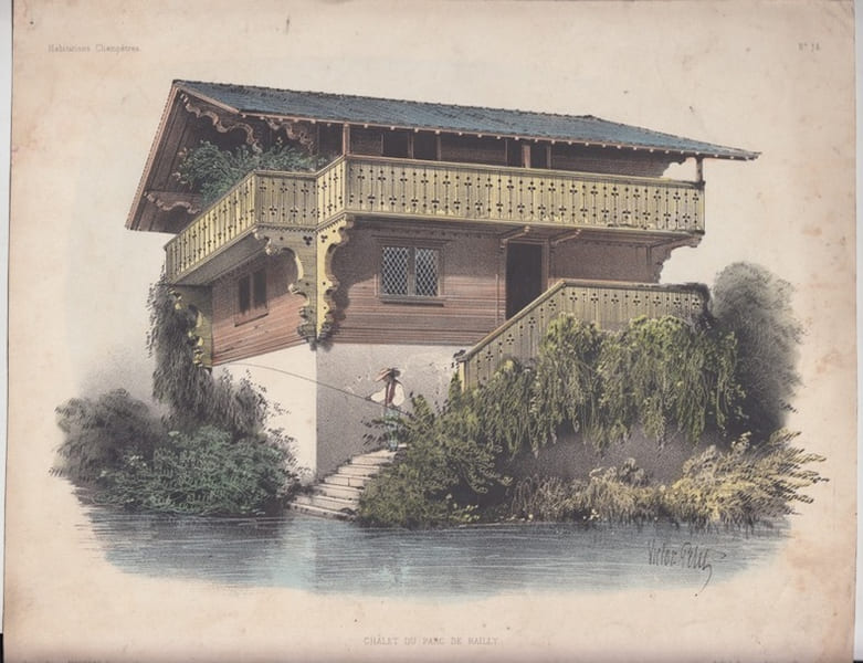 chalet du parc de Railly- lithographie originale tir&eacute;e en couleurs,. Victor Petit, 