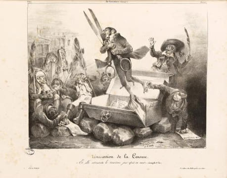 Résurrection de la Censure Et elle ressuscita le troisième jour après sa mort » (évangile St Luc) - Lithographie en noir.. Grandville & E.Forest.-