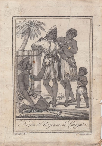 Negres et negresses de Cazegut.Costumes civils actuels de tous les peuples connus, dessin&eacute;s d'apr&egrave;s nature, grav&eacute;s et colori&eacute;s, accompagn&eacute;s d'une note ...