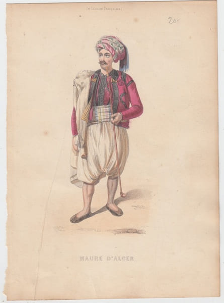 Maure d'Alger,Gravure XIXe s.,colori&eacute;e.Costumes civils actuels de tous les peuples connus, dessin&eacute;s d'apr&egrave;s nature, grav&eacute;s et colori&eacute;s, accompagn&eacute;s ...