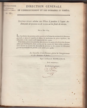 INSTRUCTIONS GENERALES N° 873 à 915 / 1819 forêts; documents admistratifs signés. Baron BARRAIRON Directeur géneral  de l'Enregistrement et Des ...