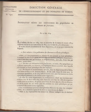 INSTRUCTIONS GENERALES N° 873 à 915 / 1819 forêts; documents admistratifs signés. Baron BARRAIRON Directeur géneral  de l'Enregistrement et Des ...
