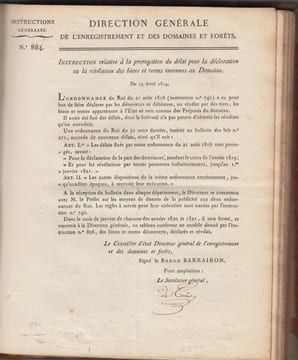 INSTRUCTIONS GENERALES N° 873 à 915 / 1819 forêts; documents admistratifs signés. Baron BARRAIRON Directeur géneral  de l'Enregistrement et Des ...