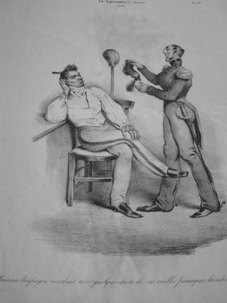 Monsieur harpagon voudrait tirer quelque chose de ses vieilles perruques, les ach&egrave;teriez vous ? lithographie originale. Travi&egrave;s de Villers,Charles ...