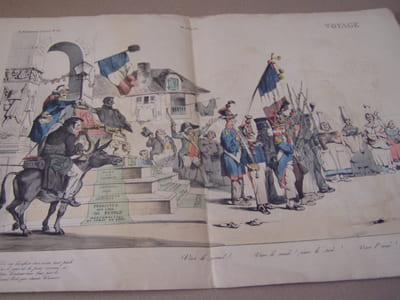 Voyage... vive le rrrroi 1833 - Lithographie, Coloriée -Voyage de la pensée immuable à travers les populations empressées 1-