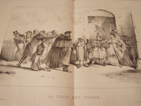 La chair est faible.Lithographie en noir ,(Planche n°221-222). Attribué à Grandville , dessinateur et Eugène Forest, lithographe