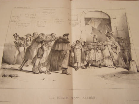La chair est faible.Lithographie en noir ,(Planche n°221-222). Attribué à Grandville , dessinateur et Eugène Forest, lithographe