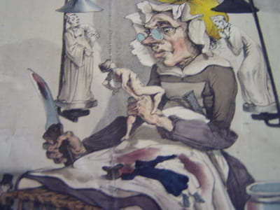 Melle Monarchie (Félicité Désirée) tient les hommes en sevrage, les tond, les coupe, fait leur éducation et leur bonheur, le tout à bon marché - Lithographie originale en couleur sur Velin blanc.