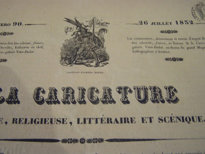 Melle Monarchie (Félicité Désirée) tient les hommes en sevrage, les tond, les coupe, fait leur éducation et leur bonheur, le tout à bon marché - Lithographie originale en couleur sur Velin blanc.