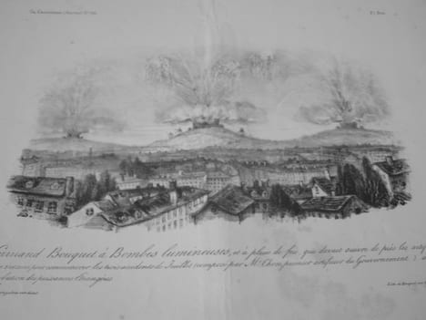 Grrrand bouquet à Bombes lumineuses, et à pluie de feu, qui devait suivre de près les artifices [...]- Lithographie originale en noir sur Velin ...