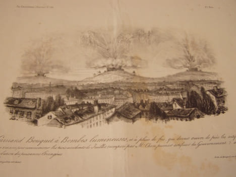Grrrand bouquet à Bombes lumineuses, et à pluie de feu, qui devait suivre de près les artifices [...]- Lithographie originale en noir sur Velin ...