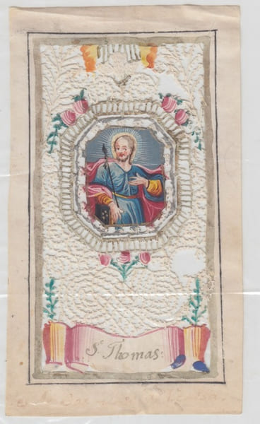 saint Thomas image pieuse ancienne &agrave; dentelles,miniature - canivet. miniature - canivet Il Santino