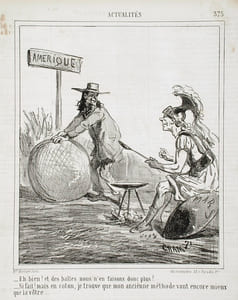 Eh bien ! et des balles nous n'en faisons donc plus ? / - Si fait ! mais en coton, je trouve que mon ancienne méthode vaut encore mieux que la vôtre -Lithographie originale.