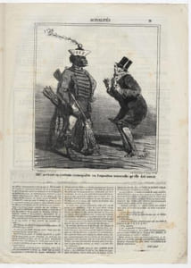 Actualités / 1867 arrivant en costume cosmopolite vu l'exposition universelle qu'elle doit ouvrir - Lithographie