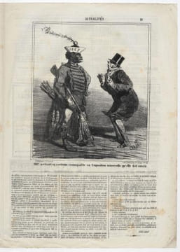 Actualités / 1867 arrivant en costume cosmopolite vu l'exposition universelle qu'elle doit ouvrir - Lithographie. Cham (Amédée Charles de Noé, dit