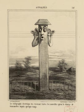 Le télégraphe électrique les trouvant fortes les nouvelles qu'on le charge de transmettre depuis quelque temps.- Lithographie. Cham (Amédée Charles de ...