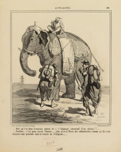 Oué qu't'as donc à tourner autour de c't'éléphant surmonté d'un chinois ? ... [...] il y avait toujours une pendule dans le ventre de l'éléphant.....                       Actualité 190 - Lithographie originale.