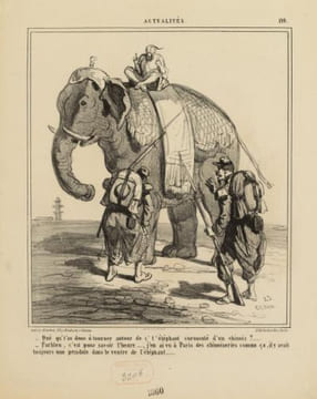 Oué qu't'as donc à tourner autour de c't'éléphant surmonté d'un chinois ? ... [...] il y avait toujours une pendule dans le ventre de l'éléphant.....  ...