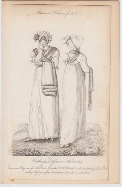 Walking dress in October 1807, Autumnal Fashions for 1807 from La Belle Assemblee Fashions for 1807 from La Belle Assemblee. La Belle Assembl&eacute;e or, ...