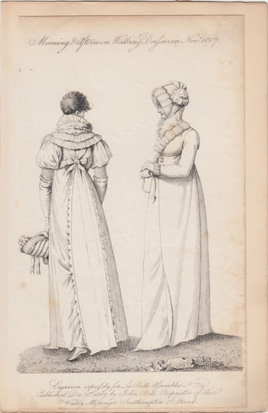 Morning & Afternoon Walking dress in Nov.1807, N&deg;224 from La Belle Assemblee Fashions for 1807 from La Belle Assemblee. La Belle Assembl&eacute;e or, Bell's ...