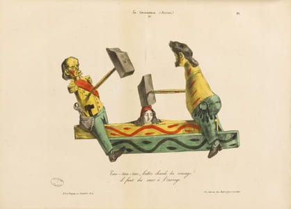 Tau-tau-tau, battez chaud, du courage ! il faut du cœur à l’ouvrage. Lithographie coloriée- Hand-coloured lithograph,.