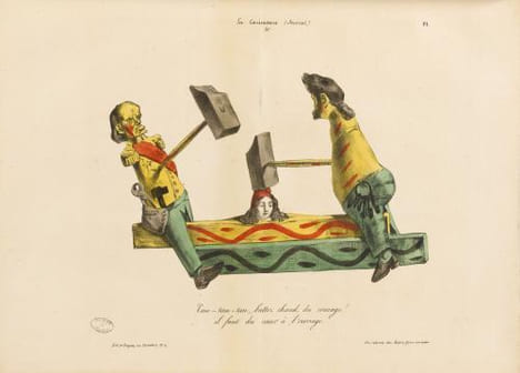 Tau-tau-tau, battez chaud, du courage ! il faut du cœur à l’ouvrage. Lithographie coloriée- Hand-coloured lithograph,.. Attribué à Grandville (Nancy, ...