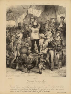 Naissance du juste milieu.Après un enfantement pénible de la Liberté.Lithographie originale en noir sur Velin blanc.. Grandville