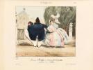 Monsieur Budget et Mademoiselle Cassette se promenant aux Tuilleries [Tuileries].Lithographie originale coloriée sur Velin blanc.. Bassaget, Pierre ...
