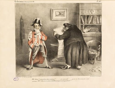 Hé bien ! vous devez être content ?..... ça marche…..je n’en descends pas mal ! – Oh ! il y en a encore diablement qui m’inquiètent !.....Lithographie coloriée sur blanc.