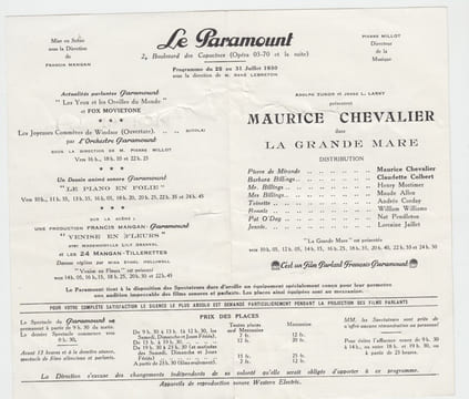 LE PARAMOUNT PROGRAMME MAURICE CHEVALIER dans la grande mare. CINEMA LE PARAMOUNT 