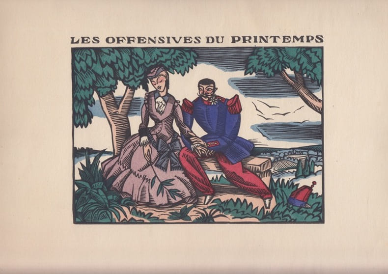 Les offensives du printemps - gravure sur bois color&eacute;e. Feuillets d'Arts 
