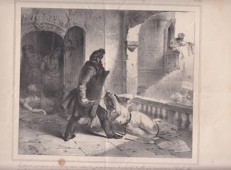 Barbe bleue, blanche, rouge, Lithographie- La pl. se réfère à Barbe bleue, conte de Charles Perrault ( 1697).. Grandville (Nancy, 15–09–1803 - Vanves, ...
