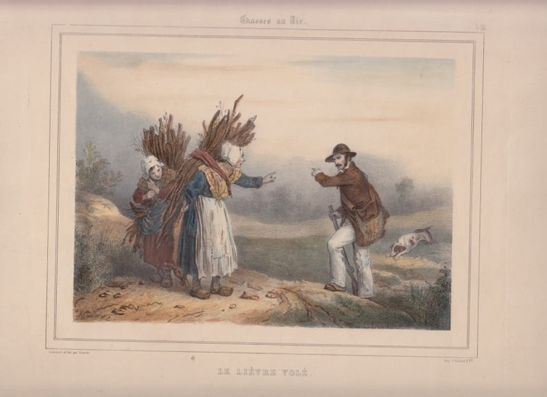 LE LIEVRE VOLE lithographie colori&eacute;e et gomm&eacute;e, tir&eacute; de l'Album de chasses au tir & au chien d’ arret . Grenier F.- GRENIER de SAINT-MARTIN, Fran&ccedil;ois ...