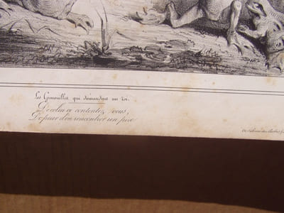 Les Grenouilles qui demandent un roi. / De celui-ci contentons nous, / De peur d’en rencontrer un pire Lithographie originale en noir sur Velin blanc.