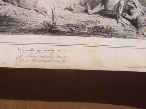 Les Grenouilles qui demandent un roi. / De celui-ci contentons nous, / De peur d’en rencontrer un pire Lithographie originale en noir sur Velin ...