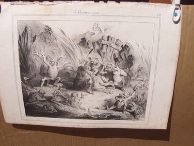 Les Grenouilles qui demandent un roi. / De celui-ci contentons nous, / De peur d’en rencontrer un pire. Lithographie originale en noir sur Velin blanc.