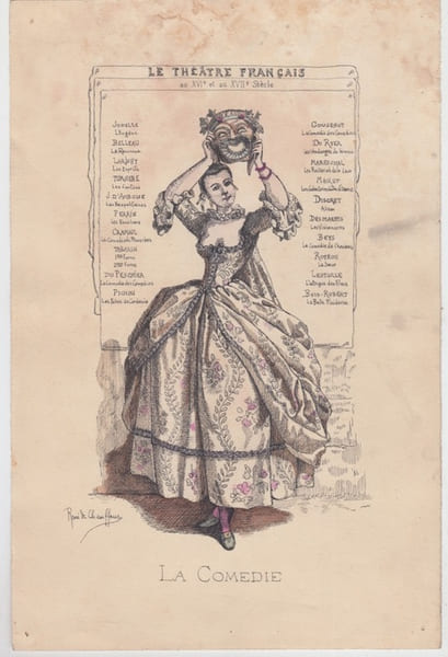 Suite de 11 dessins originaux sign&eacute;s &agrave; la plume aquarell&eacute;s inspir&eacute;s des ill.de Maurice Sand pour l'&eacute;dition FOURNIER (Edouard); Le th&eacute;&acirc;tre fran&ccedil;ais au ...