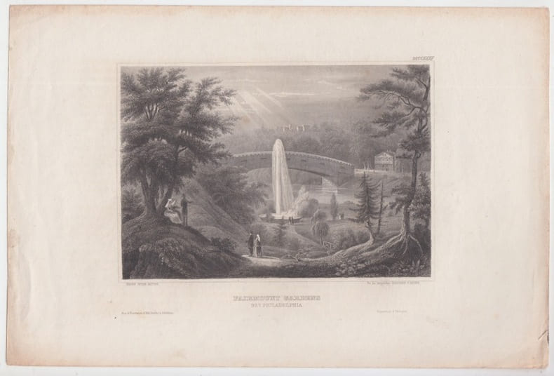 Fairmount Gardens bey Philadelphia. Drawn after nature. Stahlstich.(B&W engraving).. HERRMANN MEYER
