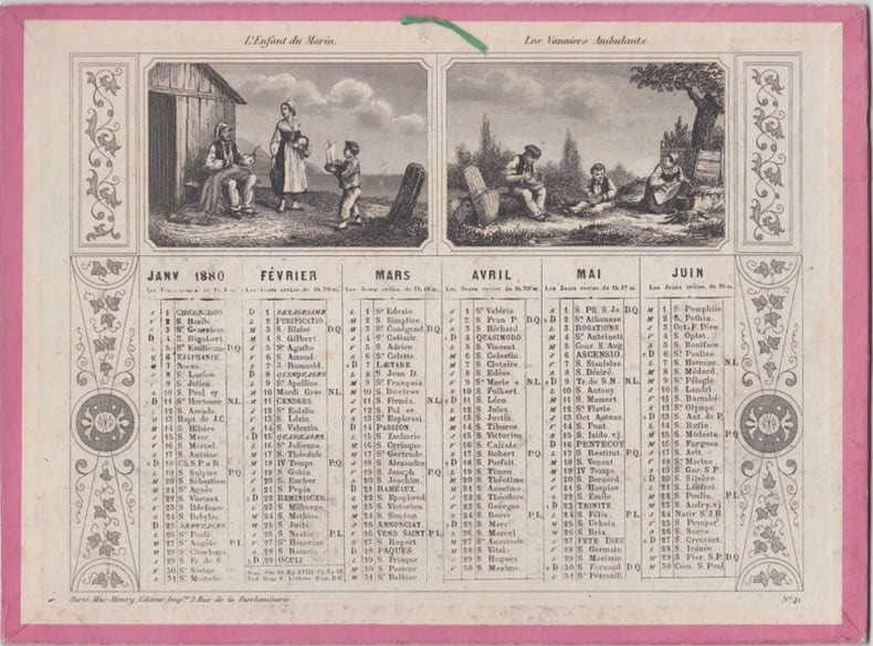 Calendrier 1880,grav&eacute; double face :l'enfant du marin,les vanniers ambulants. 